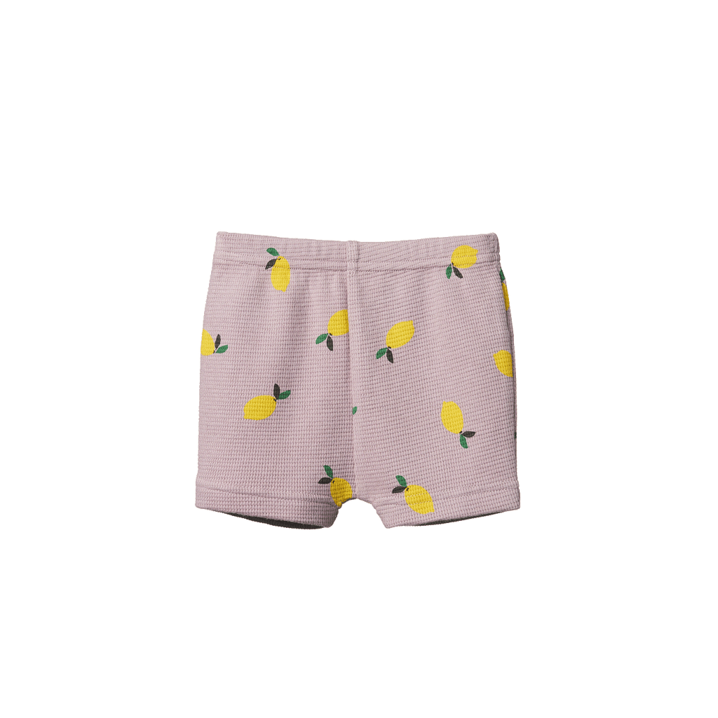 nature baby selby waffle shorts lilac lemon